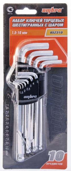 Набор торцевых шестигранных ключей OMBRA с шаром H1.5-10 мм, 10 предметов   952310