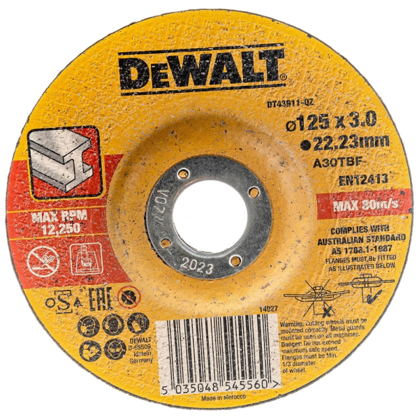 Диск абразивный DEWALT 125*3,0*22.2 металл DT 43911