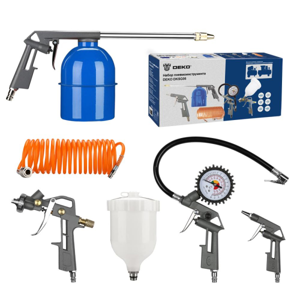 Набор пневмоинструмента DEKO DKSG05 5 предметов+краскораспылитель с верхним бачком   018-0909