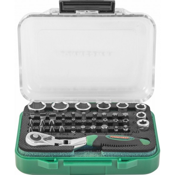 Набор рукоятка трещоточная JONNESWAY миниатюрная 1/4"DR со вставками и головками торцевыми 40 пр.
