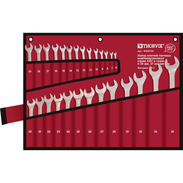 Набор ключей THORVIK гаечных комбинированных серии ARC в сумке, 6-36 мм, 27 предметов   W3S27TB