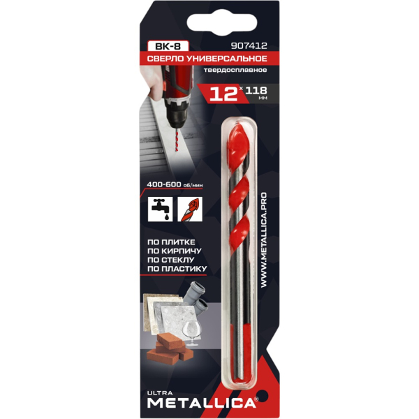 Сверло универсальное тв.спл.METALLICA Ultra 12x118,спиральное,по плитке,кирпичу   907412