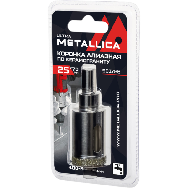 Коронка алмазная METALLICA Ultra 25х70 мм с сверлом по керамограниту,плитке в блистере   901786