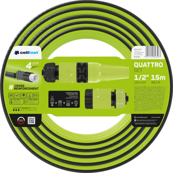 Поливочный набор CELLFAST QUATTRO шланг 1/2” 15 м  + комплект соединителей