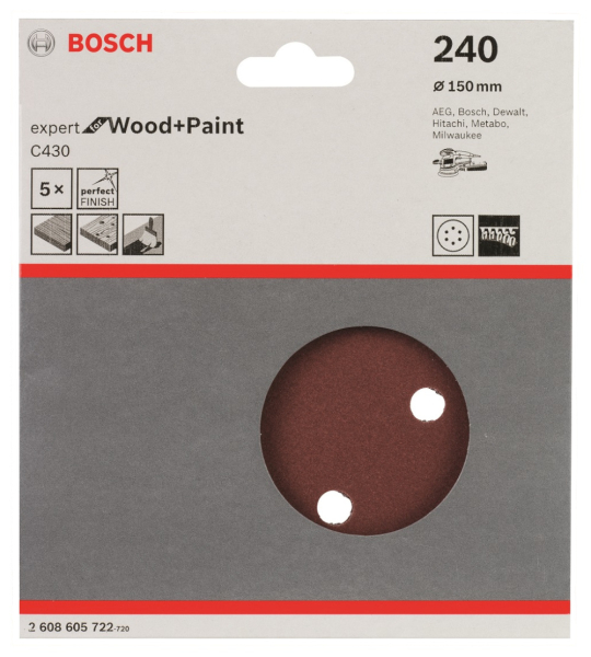 Круг шлифовальный BOSCH Expert for Wood+Pain 150мм K-240  (упак 5шт)   2.608.605.722