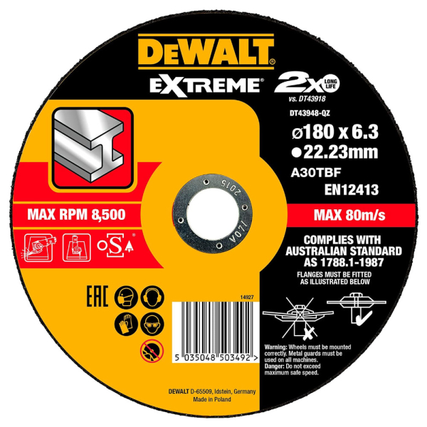 Диск абразивный DEWALT EXTREME 180*6,3*22.23 металл DT 43918