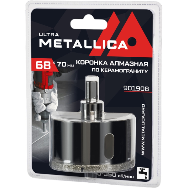 Коронка алмазная METALLICA Ultra 68х70 мм с сверлом по керамограниту,плитке в блистере   901908