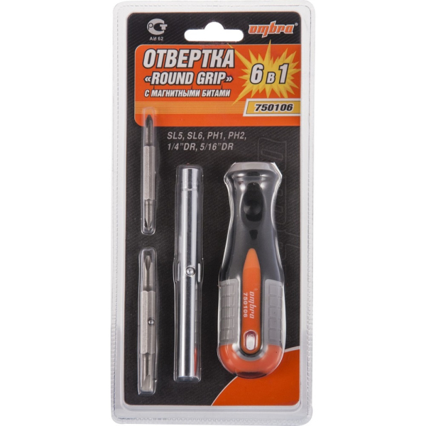 Отвертка OMBRA стержневая 6 в 1 ROUND GRIP 1/4", 5/16"DR