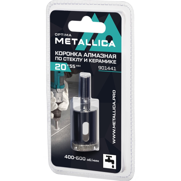 Коронка алмазная METALLICA Optima 20x55 мм по стеклу,плитке,1 шт в блистере   901441