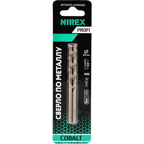 Сверло NIREX Profi по металлу Cobalt 3,4*70 мм NMD0304 (2шт в упак)