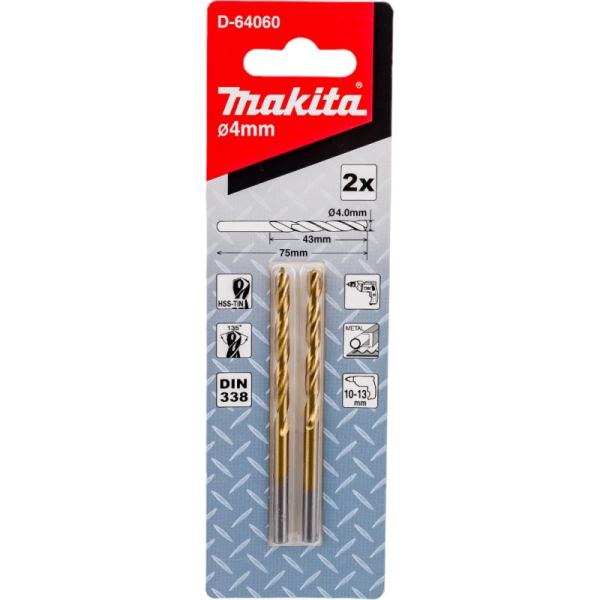 Набор сверл Makita по металлу HSS-TiN Economy 4*43*75 2 шт   D-64060