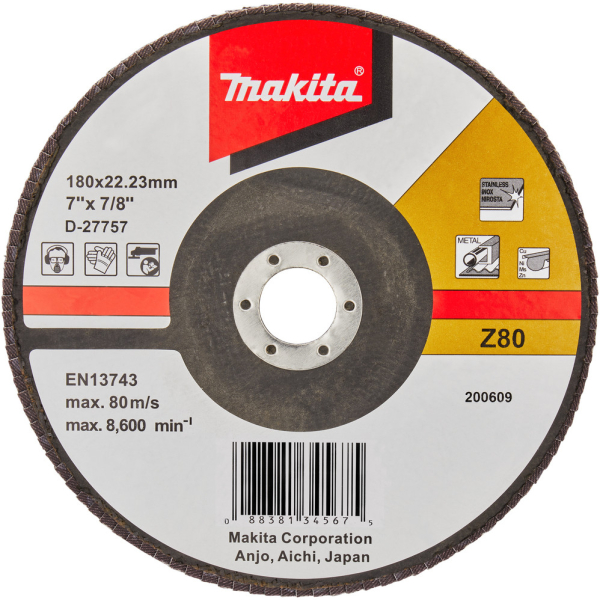 Диск лепестковый Makita 180x22мм К80 для ровн. пов., основа стекловол.   D-27757