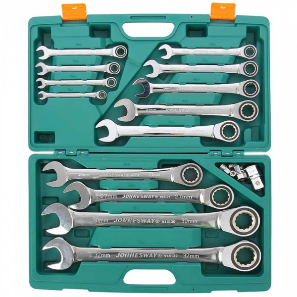 Набор ключей JONNESWAY гаечных трещоточных с аксессуарами в кейсе, 8-32 мм, 17 предметов   W45117S
