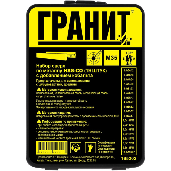 Набор сверл ГРАНИТ по металлу HSS-Co из 19 штук