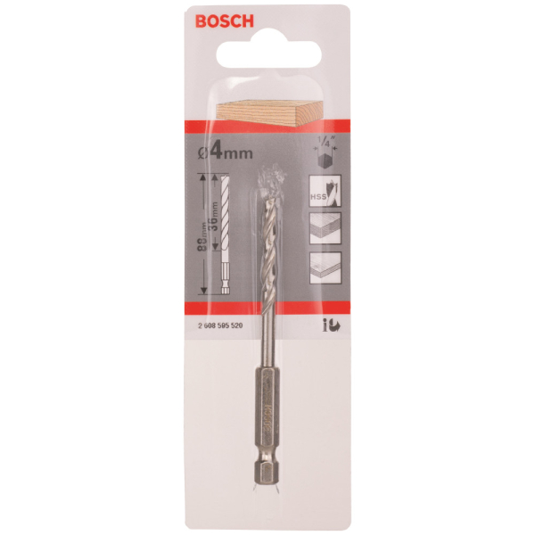 Сверло BOSCH HEX 1/4" 4*43 по дереву спиральное     2.608.595.520