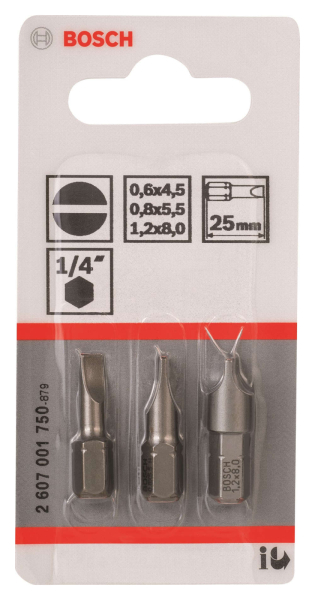 Набор бит BOSCH из 3 штук S 0.6*4.5, S0.8*5.5, S1.2*8.0 25мм   2.607.001.750