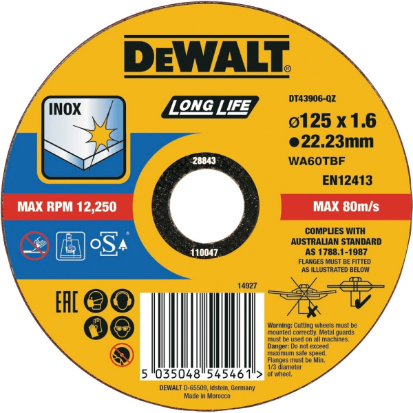 Диск абразивный DEWALT 125*1,6*22.2 металл DT 43906