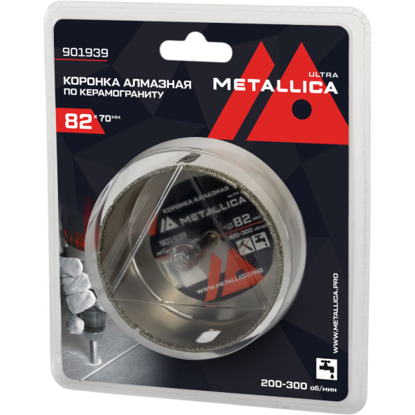 Коронка алмазная METALLICA Ultra 82х70 мм с сверлом по керамограниту,плитке в блистере   901939