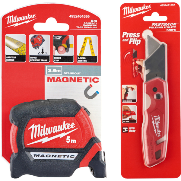 Набор Milwaukee: Рулетка PREMIUM магнитная MAGNETIC GEN III 5м+Нож Fastback складной