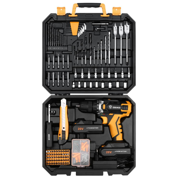 Дрель аккумуляторная DEKO DKCD 20 FU-Li 20v  2*2.0Ah кейс+193 аксессуара   063-4179 