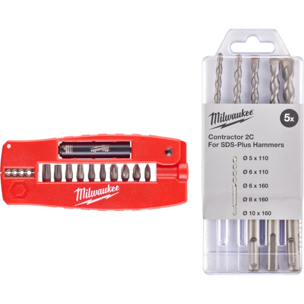 Набор Milwaukee: Набор бит SHOCKWAVE "Крокодил №2" 12шт+Набор буров Contractor SDS+ 5шт