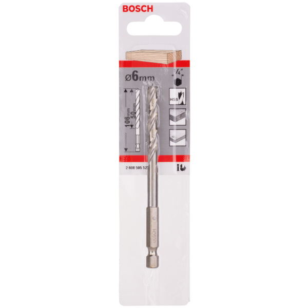 Сверло BOSCH HEX 1/4" 6*63 по дереву спиральное    2.608.595.522