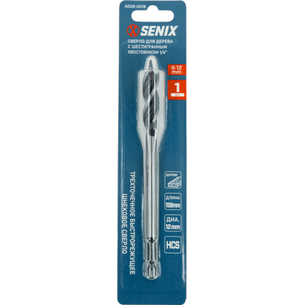 Сверло SENIX 12мм*1шт, HEX 1/4" по дереву трехзаходное   AEDS-0018