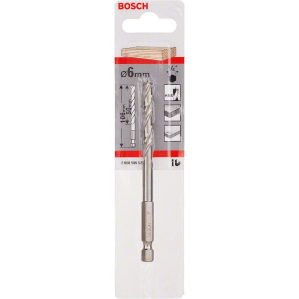 Сверло BOSCH HEX 1/4" 6*63 по дереву спиральное    2.608.595.522