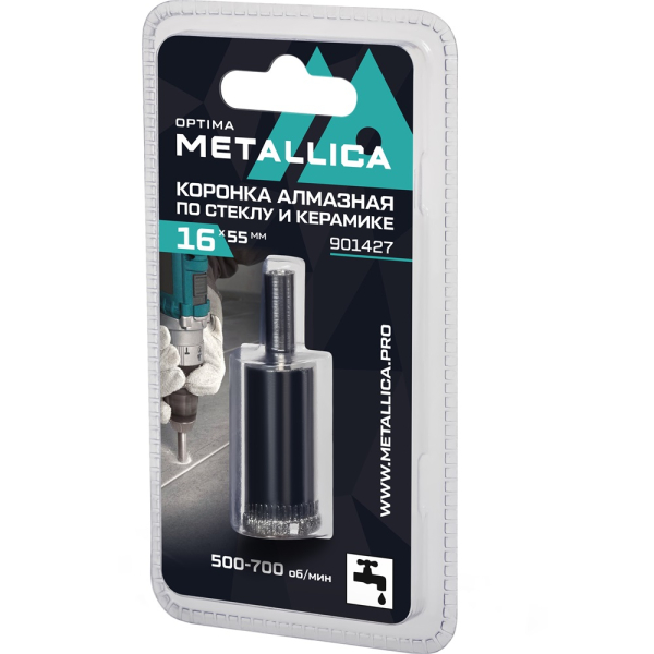 Коронка алмазная METALLICA Optima 16x55 мм по стеклу,плитке,1 шт в блистере   901427