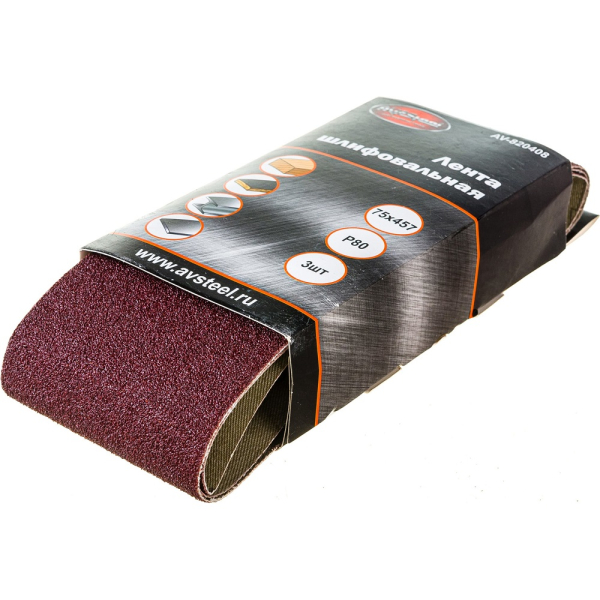 Лента шлифовальная AV Steel 75х457мм Р80 3шт   AV-820408