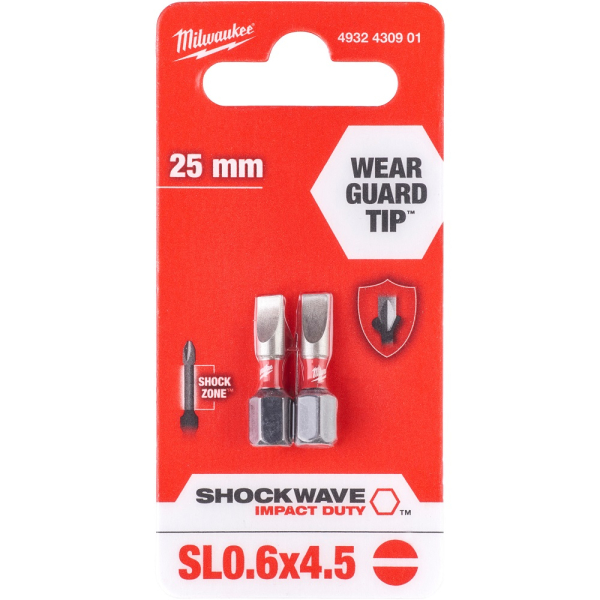 Бита Milwaukee SHOCKWAVE SL0,6x4,5 25мм 2шт