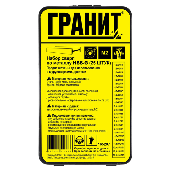 Набор сверл ГРАНИТ по металлу HSS-G из 25 штук