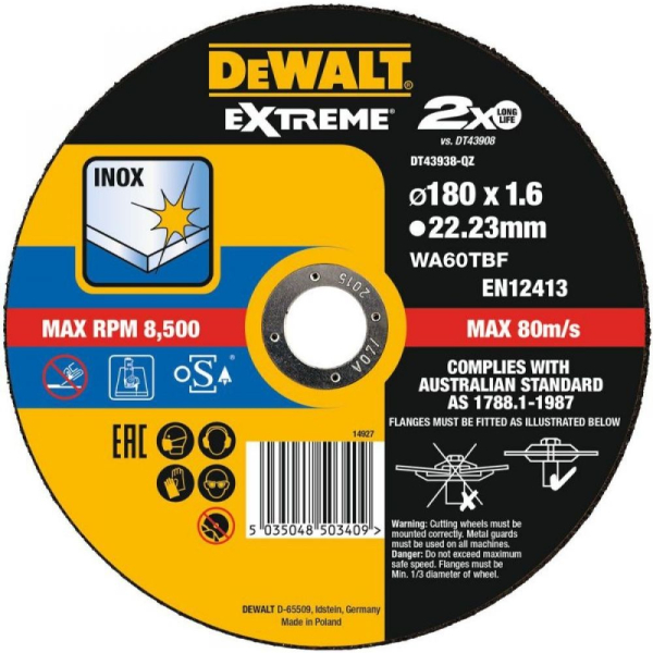 Диск абразивный DEWALT EXTREME 180*1,6*22.2 металл DT 43938